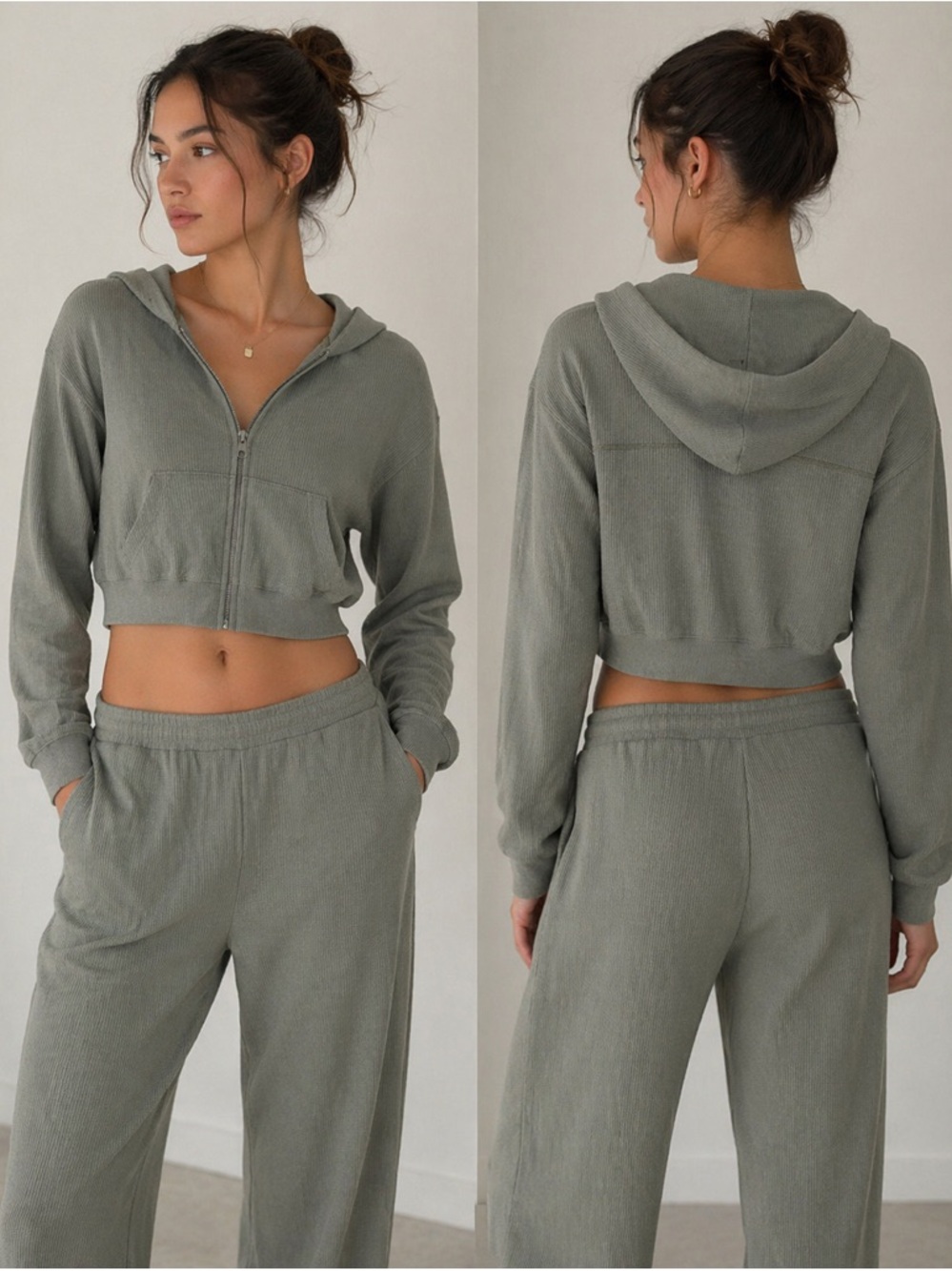 SKIMS Heavy Waffle Cropped Zip-Up Hoodie – Sage Green – Size L Cozy Lounge